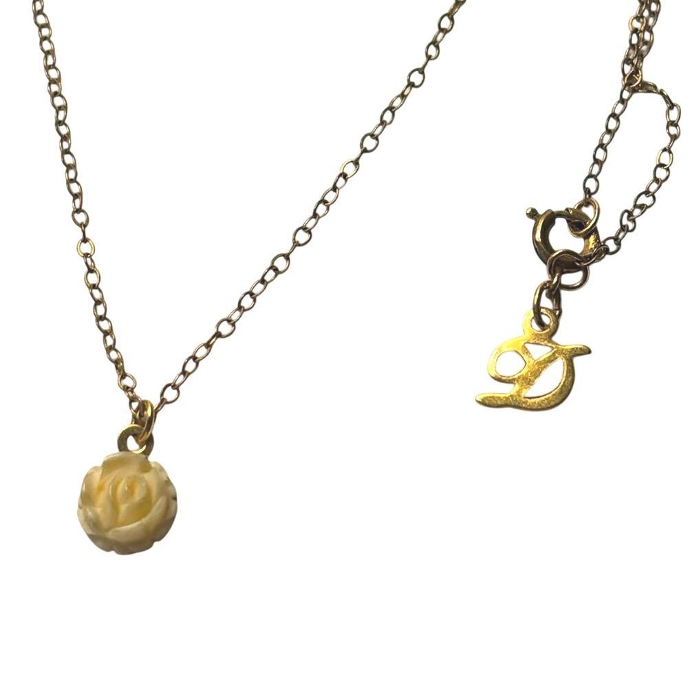 Vintage D Monogram Carved Rose Pendant Necklace Gold Tone 16”